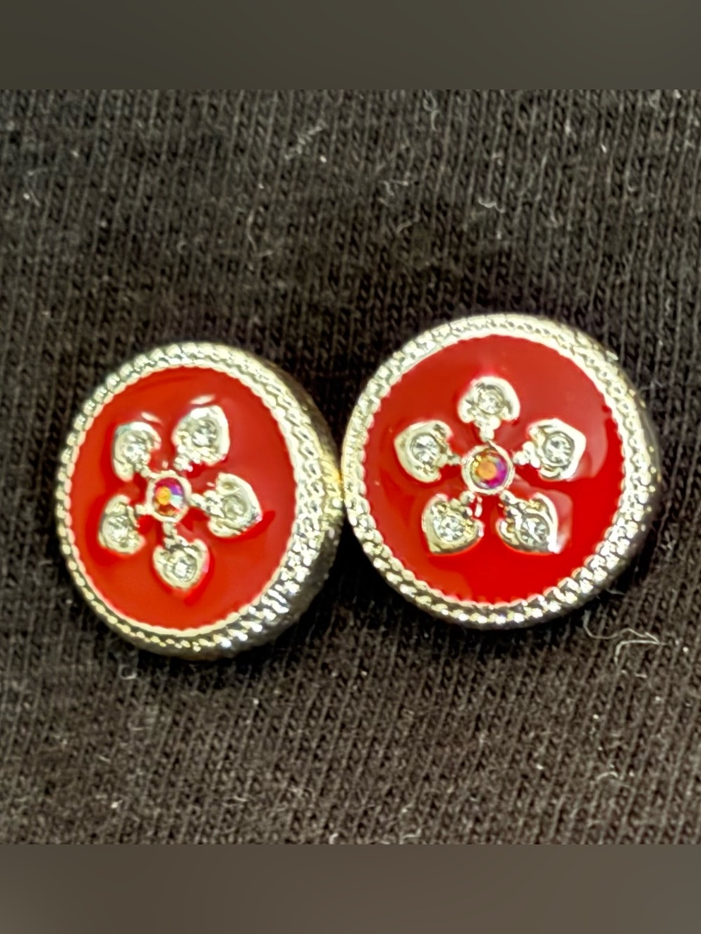 Red Enamel Floral Crystal Stud Earrings - Women Jewelry